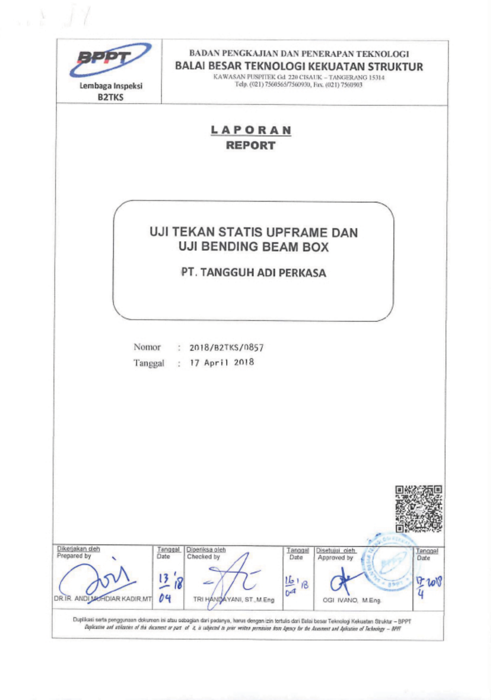 Laporan uji BPPT No. 2018/B2TKS/0857 - Sampul laporan