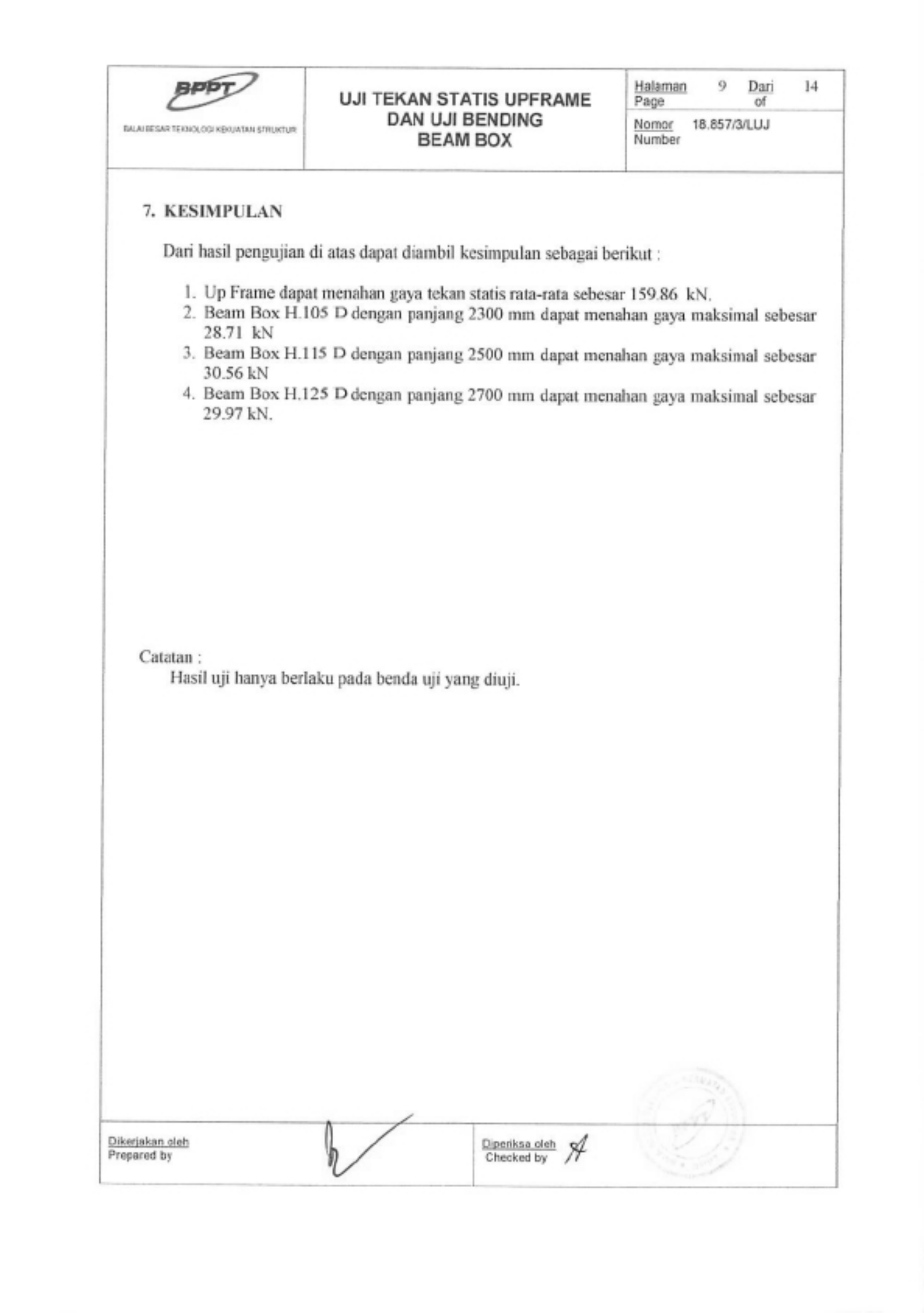 Laporan uji BPPT No. 2018/B2TKS/0857 - Kesimpulan