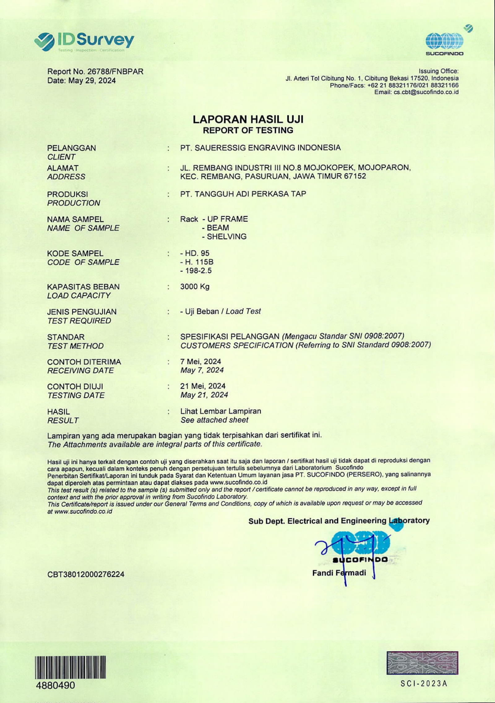 Sertifikat uji beban Sucofindo No. 26788/FNBPAR halaman 1 dari 4