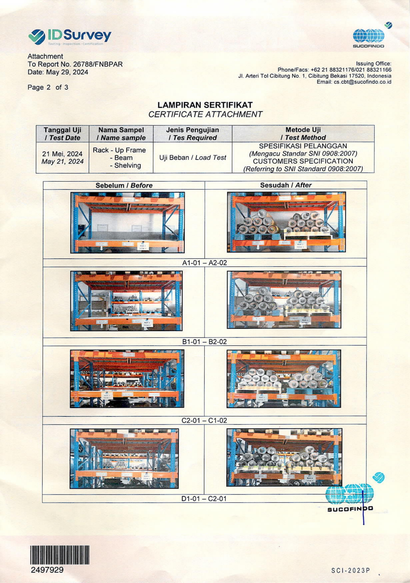 Sertifikat uji beban Sucofindo No. 26788/FNBPAR halaman 3 dari 4